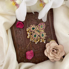 Vriksham Unique Floral AD Stone Saree Pin-Red Green-Gold Bead-G17301