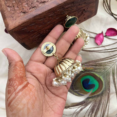 Vriksham Antique Green Circle With Golden Dome & White Pearls Jhumka-G20169