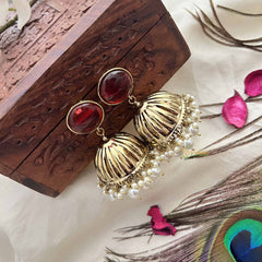 Vriksham Antique Red Circle With Golden Dome & White Pearls Jhumka-G20125