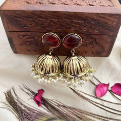 Vriksham Antique Red Circle With Golden Dome & White Pearls Jhumka-G20125