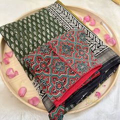 Olive Green Maheshwari Cotton Silk Saree -Handloom Maheshwari Saree-VS3644