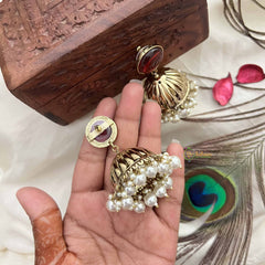 Vriksham Antique Red Circle With Golden Dome & White Pearls Jhumka-G20125