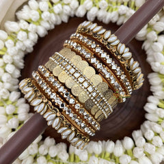 Vriksham Bridal Lotus Floral & Lakshmi Coin Gold-Toned Crystal Bangles-White-G20902