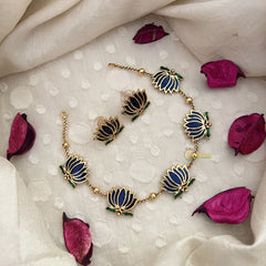 Vriksham Elegant Gold Look Alike Lotus Short Neckpiece-Blue-G18486