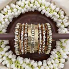 Vriksham Bridal Lotus Floral & Lakshmi Coin Gold-Toned Crystal Bangles-White-G20902