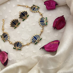 Vriksham Elegant Gold Look Alike Lotus Short Neckpiece-Blue-G18486