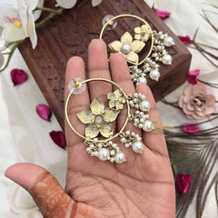 Vriksham Traditional Gold Floral Center With Pearl Beads Hoop Earrings-G20133