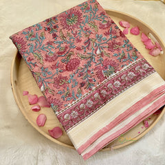 Light Reddish Pink Maheshwari Cotton Silk Saree -Handloom Maheshwari Saree-VS3647