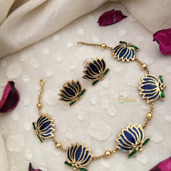 Vriksham Elegant Gold Look Alike Lotus Short Neckpiece-Blue-G18486