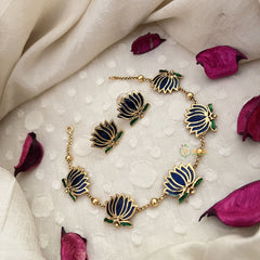 Vriksham Elegant Gold Look Alike Lotus Short Neckpiece-Blue-G18486