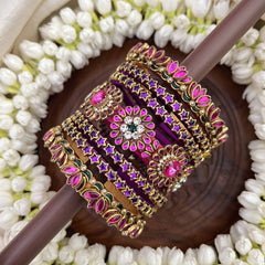 Vriksham Bridal Lotus Floral & Star Gold-Toned Crystal Bangles Set-Pink Blue-G20903