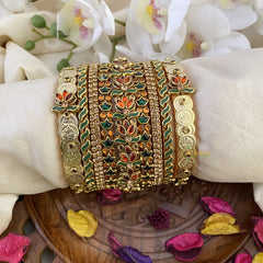 Vriksham Silk Thread Kundan Bridal Bangle Set-Coin-Orange & Green-G16221