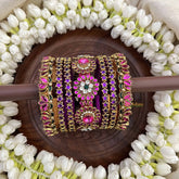 Vriksham Bridal Lotus Floral & Star Gold-Toned Crystal Bangles Set-Pink Blue-G20903