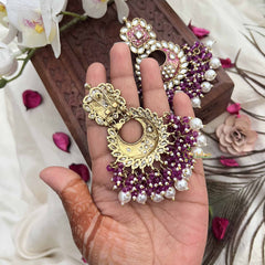 Vriksham Grand Kundan Chandbali With Purple & Pearl Bead Drops Earrings-G20131