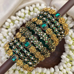Vriksham Elegant Gold Lakshmi & Floral Leaf Bridal Bangles Set-Green-G20905