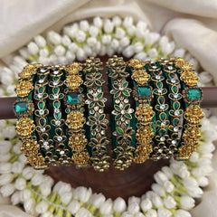 Vriksham Elegant Gold Lakshmi & Floral Leaf Bridal Bangles Set-Green-G20905