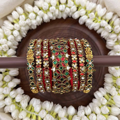 Vriksham Classic Gold Lakshmi & Floral Diya Bridal Bangles Set-Red Green-G20906