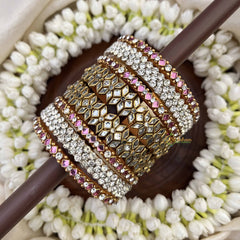 Vriksham Designer Sparkle Floral Bridal Bangles Set-Pink White-G20907