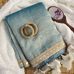 Dark Turquoise Crush Organza Saree-Handloom-VS3455