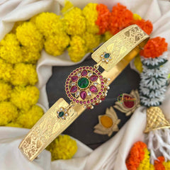 Vriksham Elegant Round Floral Antique Gold Finish Floral Leaf Hipblet-Red Bead-G22220