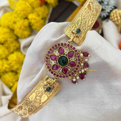 Vriksham Elegant Round Floral Antique Gold Finish Floral Leaf Hipblet-Red Bead-G22220