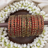 Vriksham Elegant Floral & Diagonal Style Bridal Bangles Set-Red-G20910