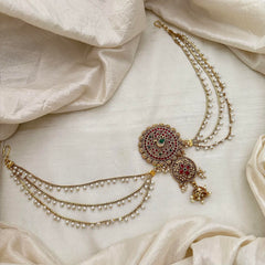 Premium Peacock Jada Billai with Pearl Maatil-Bun Billai-Red Green-G13160