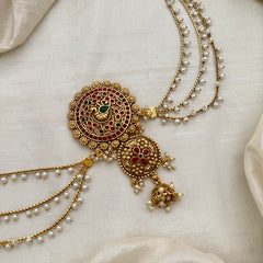 Premium Peacock Jada Billai with Pearl Maatil-Bun Billai-Red Green-G13160