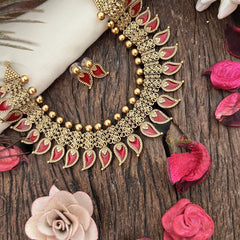 Vriksham Gold Look Alike Floral Design With Kerala Palakka Neckpiece-Red-G19240