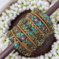 Vriksham Premium Aqua Sky Blue Floral Lotus Floral Style Bridal Bangles Set-Blue-G20912
