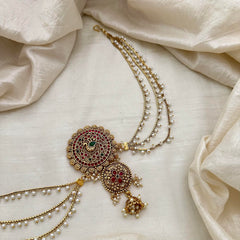 Premium Peacock Jada Billai with Pearl Maatil-Bun Billai-Red Green-G13160