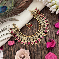 Vriksham Gold Look Alike Floral Design With Kerala Palakka Neckpiece-Red-G19240