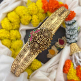 Vriksham Premium Lakshmi Temple Pendant With Flower Texture Hipblet-Gold Bead-G22224