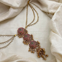 Traditional Bridal Kemp Jada Billai with Pearl Maatil-Bun Billai-Ghungroo-G13158