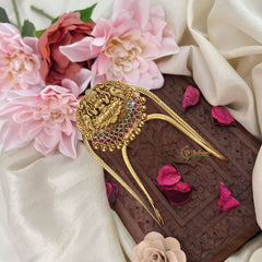 Vriksham Gold Look Alike Lakshmi With Dual Peacock Vangi /Armlet-Red Green-Gold Bead-G18515