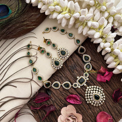 Vriksham Victorian Diamond Teardrop Green Stone Neckpiece-VV1973