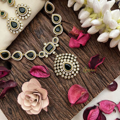 Vriksham Victorian Diamond Teardrop Green Stone Neckpiece-VV1973