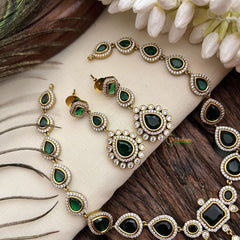 Vriksham Victorian Diamond Teardrop Green Stone Neckpiece-VV1973