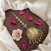 Vriksham Gold Look Alike Ganpati Maang Tikka-Red Green-Gold Bead-Pearls-G18509