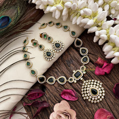 Vriksham Victorian Diamond Teardrop Green Stone Neckpiece-VV1973