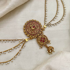 Premium Peacock Jada Billai with Pearl Maatil-Bun Billai-Red-G13159