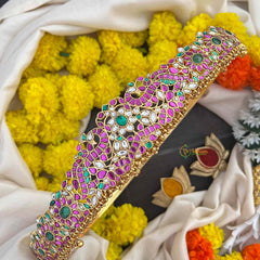 Vriksham Antique Gold Finish Peacock & Floral Bridal Hipblet-Red Green & White-Gold Bead-G22215