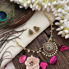 Vriksham Floral Designs Hasli Neckpiece-Green Red-Pearl-G19249