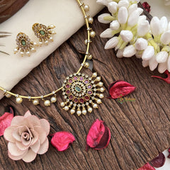 Vriksham Floral Designs Hasli Neckpiece-Green Red-Pearl-G19249