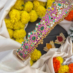 Vriksham Antique Gold Finish Peacock & Floral Bridal Hipblet-Red Green & White-Gold Bead-G22215