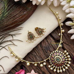 Vriksham Floral Designs Hasli Neckpiece-Green Red-Pearl-G19249