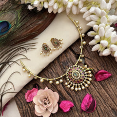 Vriksham Floral Designs Hasli Neckpiece-Green Red-Pearl-G19249