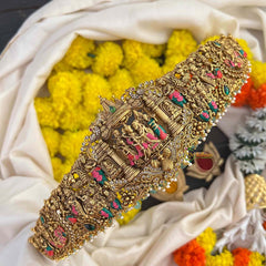 Vriksham Divine Mandapam Style Radha Krishna In Matte Gold Finish Enamel Bridal Hipblet-Green Bead-Pearls-G22218