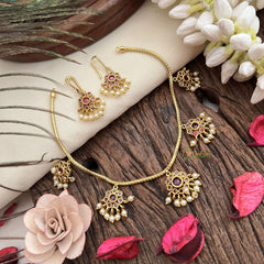 Vriksham Designer Floral Five Pendant Neckpiece-Red-G19235