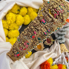 Vriksham Divine Mandapam Style Radha Krishna In Matte Gold Finish Enamel Bridal Hipblet-Green Bead-Pearls-G22218